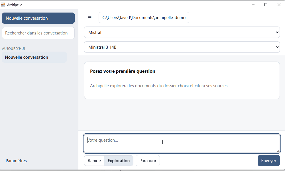 Démonstration animée d'Archipelle : une question est posée, l'application explore le dossier, affiche les fichiers consultés puis compose une réponse sourcée.